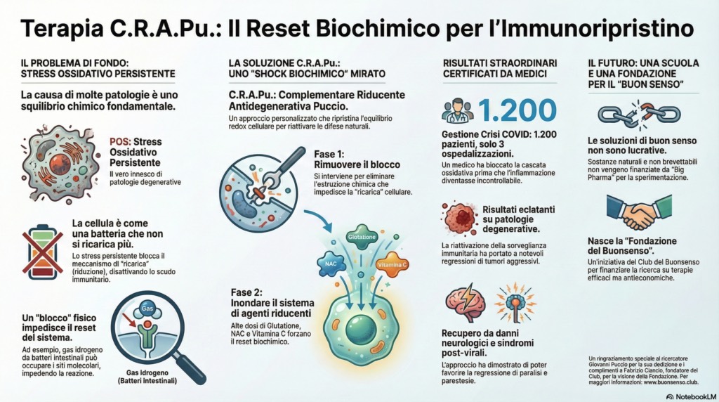 Infografica: il reset biochimico per l'immunoripristino, dal problema dello stress ossidativo alle due fasi del protocollo C.R.A.Pu.
