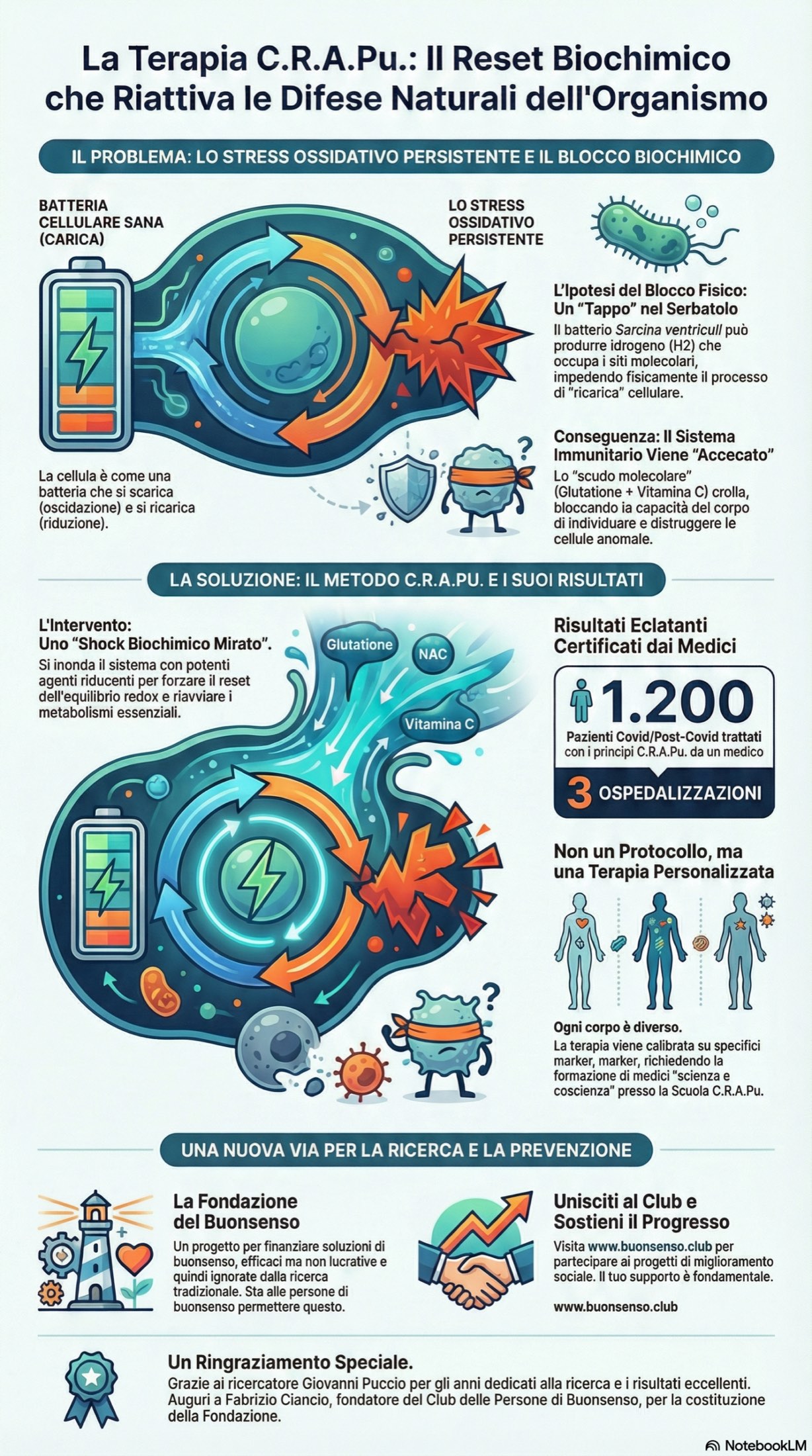Infografica verticale: il problema dello stress ossidativo persistente, il metodo C.R.A.Pu., i risultati sui pazienti Covid e la Scuola CraPu